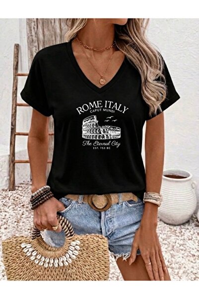 FUFLUNS Rome Italy Printed Women's Oversize V-Neck T-Shirt