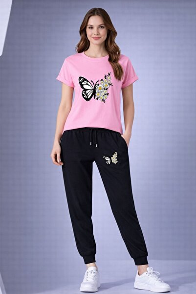 orwen life est. 2022 قصة فضفاضة طقم بدلة رياضية مطبوع عليها فراشة مع أرجل مطا...