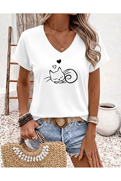 FUFLUNS Sleeping Cat Printed Women's Oversize V-Neck T-Shirt