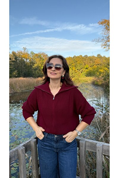 Nurgül Dilemen Bordo Devrik Yaka Fermuarlı Triko Hırka