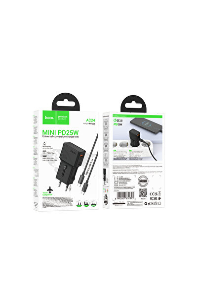 Hoco Adaptor Priza + Cablu USB-C, 1m, PD25W, 1xUSB-C, 1xUSB, MultiSockets, NEGRU