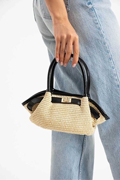 ÖZÜM TAKI Women's Straw Hand and Shoulder Bag Black