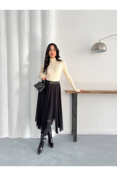 khar Women's Lined Knitted Tulle Asymmetrical Skirt with Detailed Hemline, St...