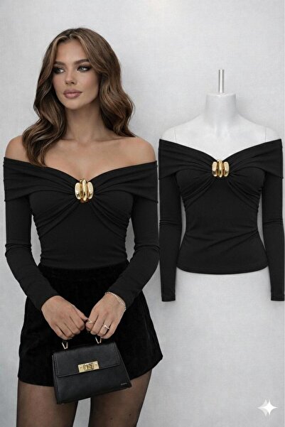 peri tower New Product Women's Gold Buckle Boat Neck Sandy Long Sleeve Blouse...