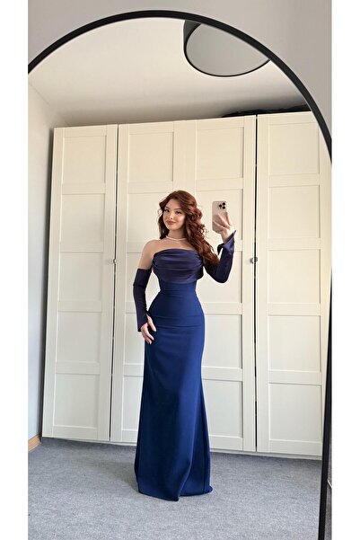 AYŞENUR DİNÇER Alya Saten Kollu Abiye Lacivert