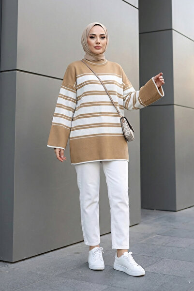 MODAQU Striped Casual Knitwear Tunic - Mink