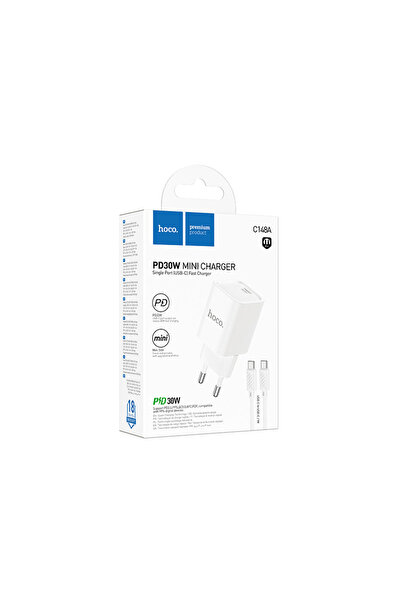 Hoco Mains Charger + USB-C Cable, 1m, PD30W, 1xUSB-C, FastCharge, WHITE