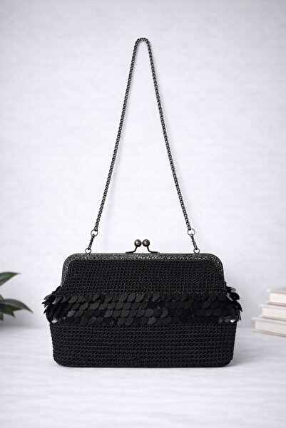BY AKTEPE STORE El Yapımı Pullu Siyah Örgü Abiye Çanta | Zincir Askılı Metal ...