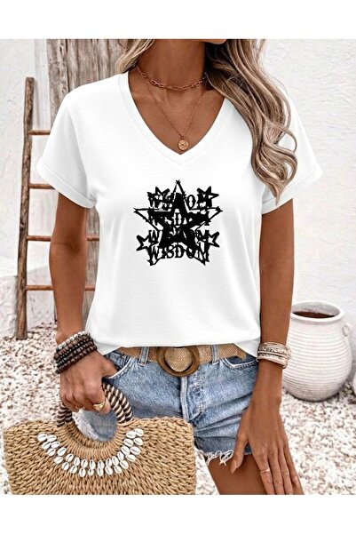 FUFLUNS Star Printed Women's Oversize V-Neck T-Shirt