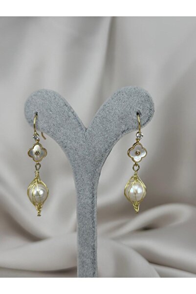 ZS Aksesuar Gold Color Twist Detailed Natural Pearl Look Dangle Earrings
