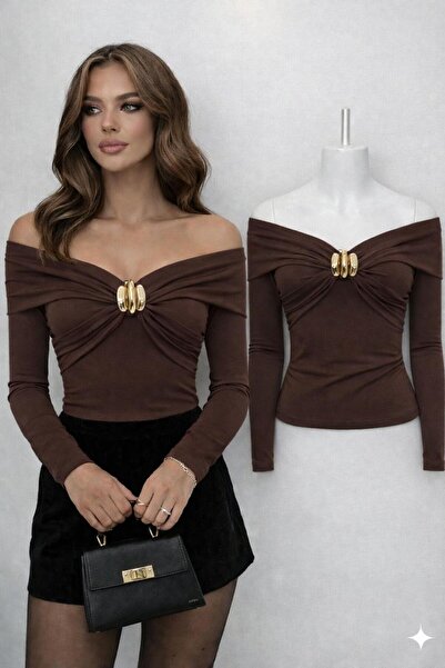 peri tower New Product Women's Gold Buckle Boat Neck Sandy Long Sleeve Blouse...