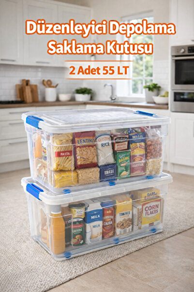 Loremp Depolama Düzenleyici 2 Adet 55 LT Kilitli Tekerlekli Saklama Şeffaf