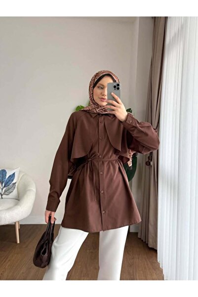 by nursel çiçek Women's Trendy Shirt with Collar and Belted Cape