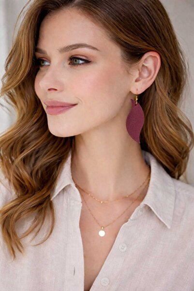 Atölye Taba Yaprak Desenli Hakiki Deri Küpe