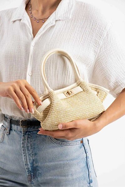 ÖZÜM TAKI Women's Straw Hand and Shoulder Bag Cream