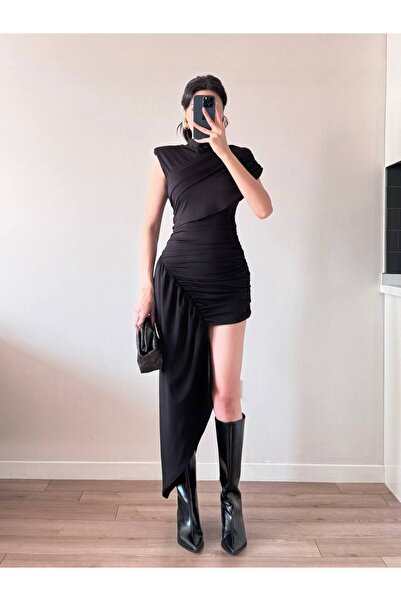 Julidress High Collar Asymmetrical Detailed Padded Maxi Long Premium Draped D...