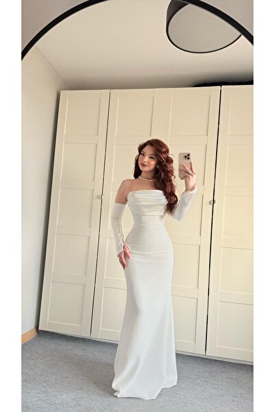 AYŞENUR DİNÇER Alya Saten Kollu Abiye Beyaz