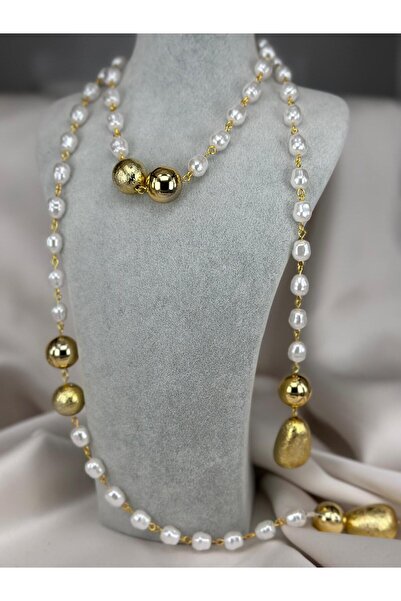 ZS Aksesuar Gold & İnci Detaylı Uzun Şık Kolye