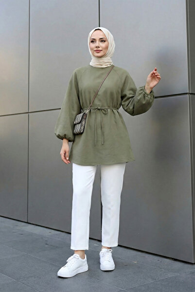 MODAQU Tencel Fabric Balloon Sleeve Tunic - Olive Green