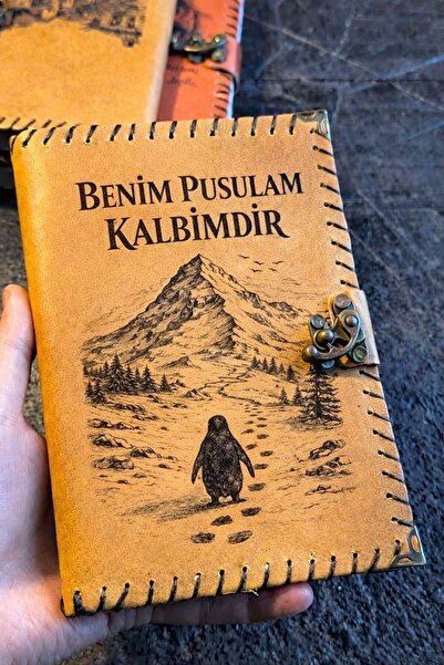 zarif atölye Pusulam Is My Heart Penguin Design Leather Notebook