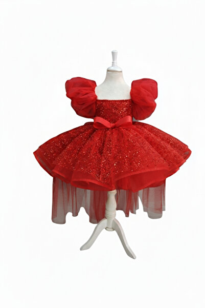 shop Kız Çocuk Kırmızı Boncuklu Tütü Prenses Elbisesi , Balon Kol Fiyonklu Öz...