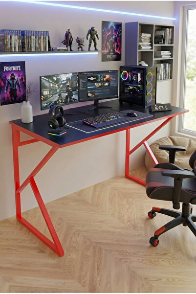 YüceerHome Redline Vortex Oyuncu Masası 120X60 cm Antrasit – Kırmızı Metal Ay...