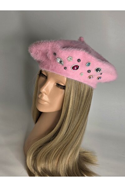 Senbeno Design ÖZGÜN TASARIM PEMBE KRİSTAL TAŞ İŞLEMELİ LÜKS ANGORA DOKULU KA...