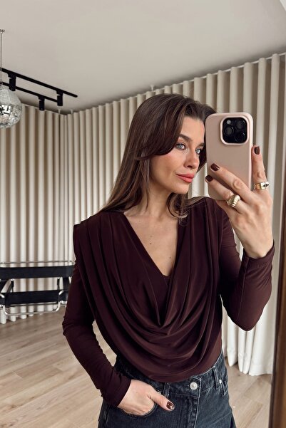 Sue Store Bitter Brown Degaje Collar Model Blouse