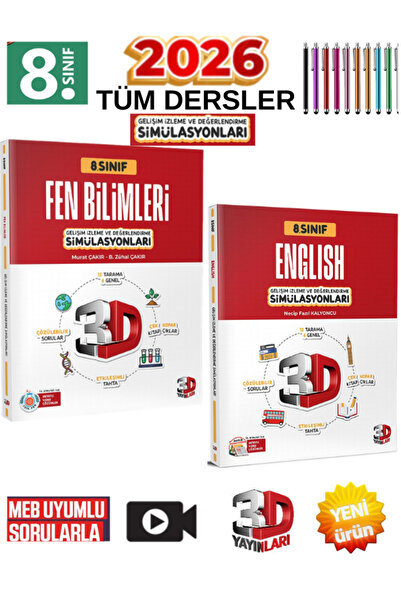 Üç Dört Beş Yayıncılık 3D 2026 8.Sınıf Fen-İngilizce Simülasyon Deneme Seti 2...