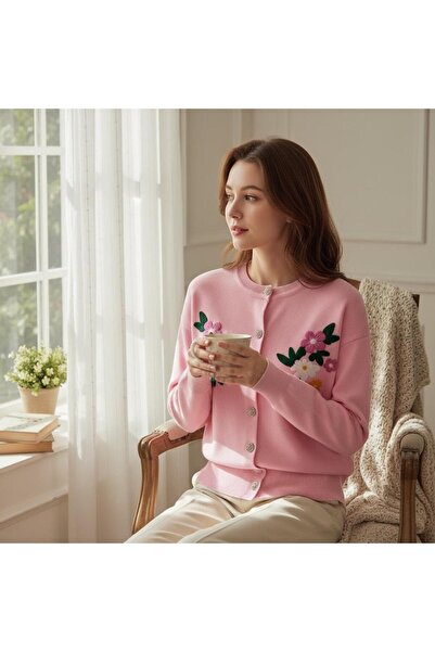 EREN STYLE Long Sleeve Floral Patterned Quality Wool Cardigan