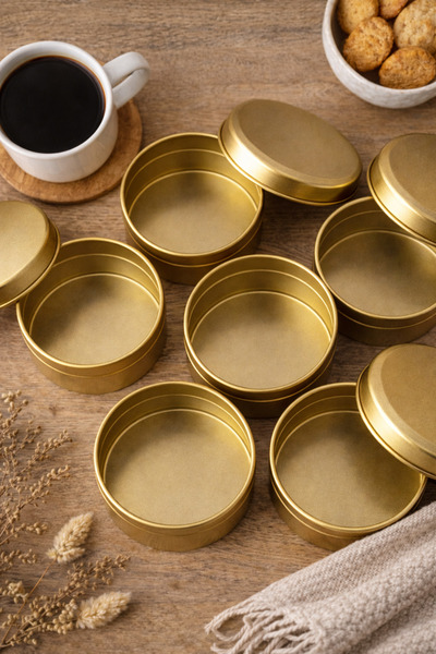 Khleos Metal Candle Box Golden Yellow 180 Cc – 5 Pieces |   8.5 cm Round Tinp...