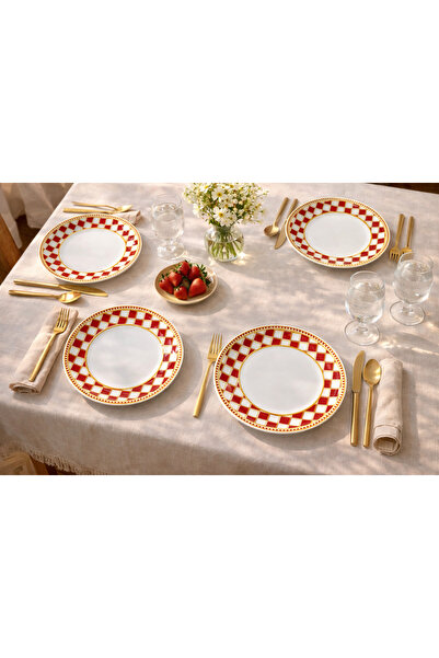 Porcelland Nara Kırmızı Desenli 21 cm Pasta Tabağı | 4’lü Porselen Servis Tab...