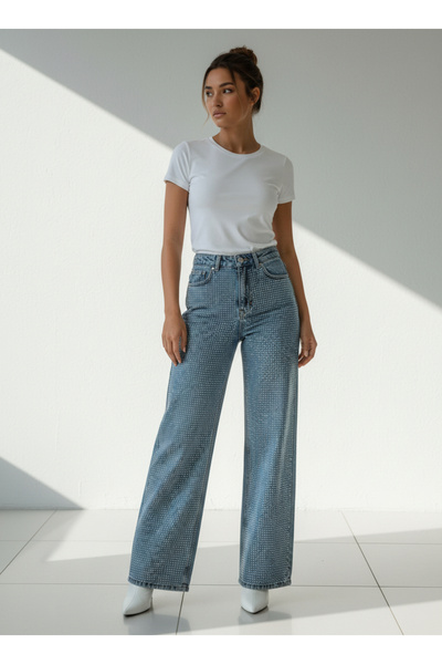 VETTA Parlak Taşlı Wideleg Kalıp Denim Kot Pantolon