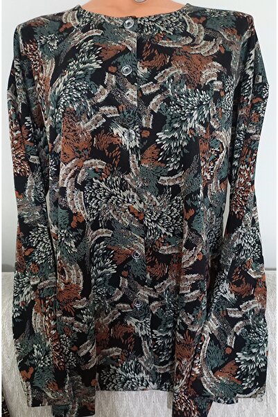 Anne Er Clothing Winter Blouson Blouse Long-Sleeve Crew Neck Print Front Button