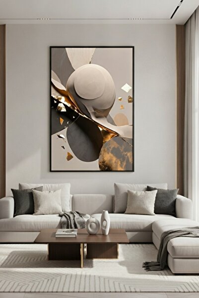 hollywest Bej ve Altın Detaylı Soyut Akışkan Formlu Duvar Sanatı | Modern Çer...