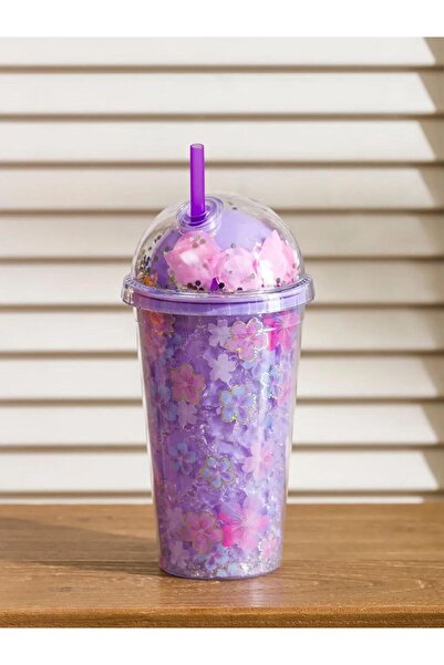 LC Waikiki Mixed Flower Glass with Straw 450 ml (S6)