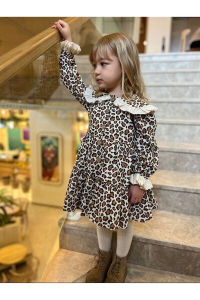 Butik KIZ ÇOCUK %100 PAMUKLU LEOPAR DESENLİ ELBİSE