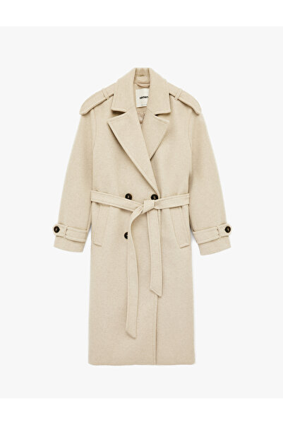 Koton Trench Coat Kaşe Double-Breasted Belted Pocket Long Sleeve