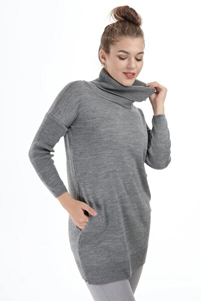 Kırçiçek Women's Degaje Collar Pocketed Soft Textured Knitwear Tunic