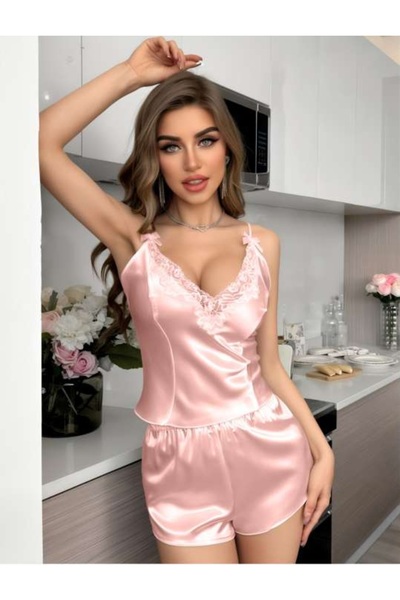 MYDORA LİNGERİE Pudra Seksi Saten Pijama Takımı Göğüs Dekolteli