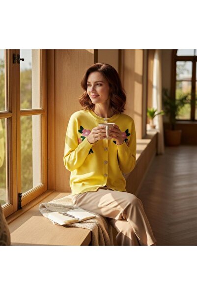 EREN STYLE Long Sleeve Floral Patterned Quality Wool Cardigan