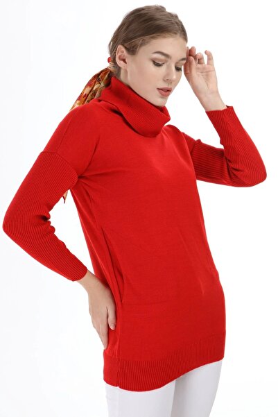 Kırçiçek Women's Degaje Collar Pocketed Soft Textured Knitwear Tunic