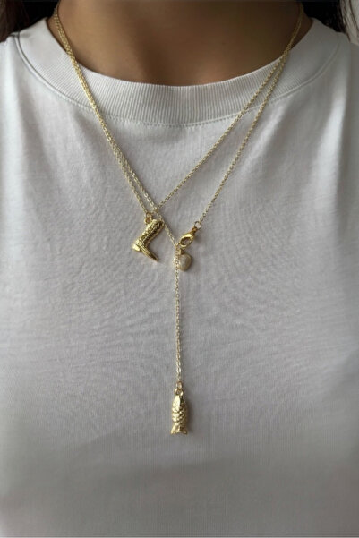 stravis Gold Color Cowboy Boots and Fish Charm Necklace Set of 2