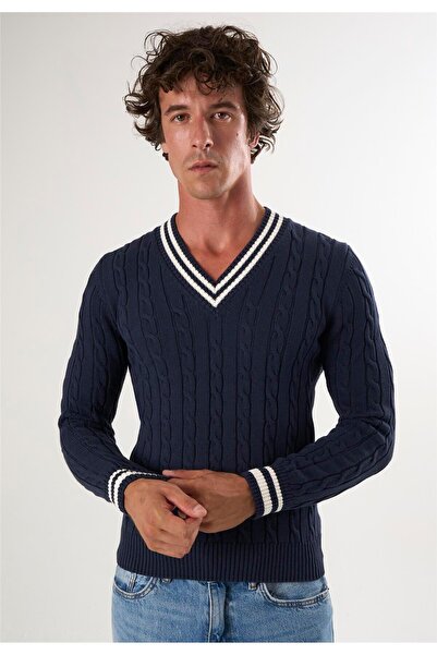 Felix Hardy V-Neck Basic Knitted Patterned Sweater - Navy Blue
