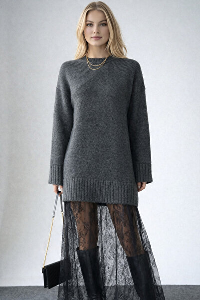 LOOSH Kadın Antrasit Bisiklet Yaka Dantel Detaylı Uzun Elbise