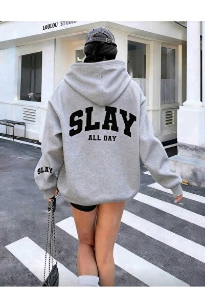 DİVİN Women's Printed Oversize Hooded Sweatshirt