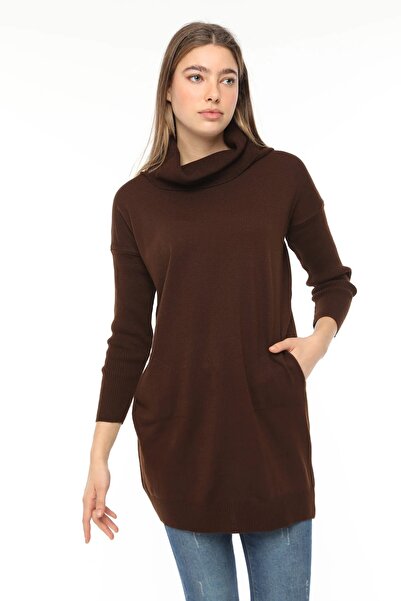 Kırçiçek Women's Degaje Collar Pocketed Soft Textured Knitwear Tunic