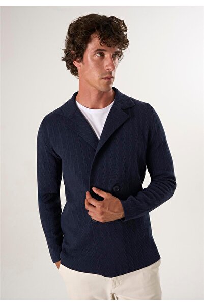 Felix Hardy Men's Knitted Double-Breasted Jacket - Navy Blue