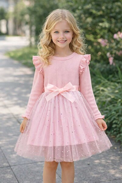 BEBEĞİME ÇORAP Girl's Dress with Ruffled Sleeves and Tulle Skirt