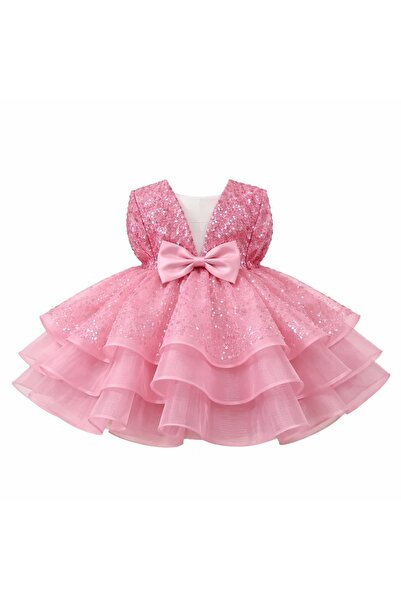 kizu Royal Pink Satin Dress for Girls with Voluminous Tulle Skirt 3-6 months-...